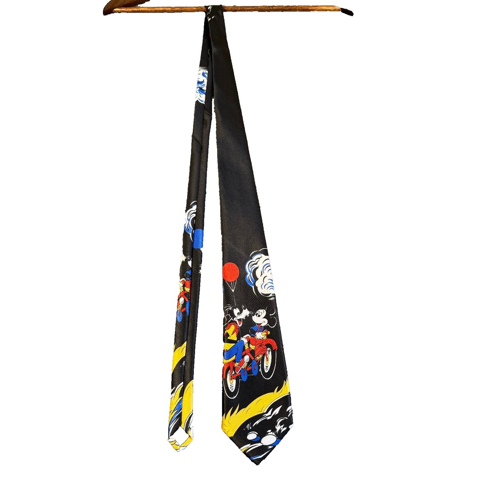 Vintage 90s Mickey Goofy Mickey Mouse Motorcycle Balloon Black Polyester Tie - Picture 4 of 8